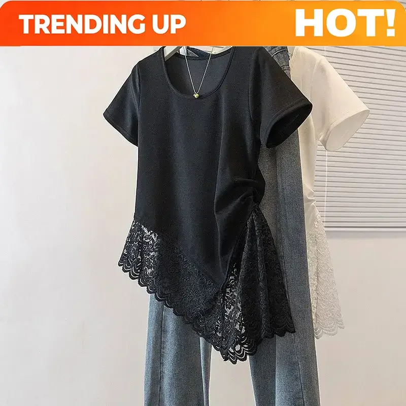 Customization Large Size Women's Clothing Summer New Solid Color Loose And Thin Irregular Lace Splicing Short-sleeved T-shirt