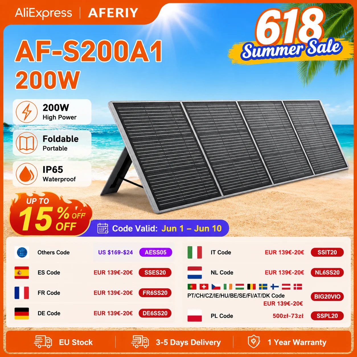 AFERIY ‎ Panneau solaire portable pliable AF-S200A1 200W, taux de conversion d'énergie de 23%, panneau solaire étanche, béquille réglable