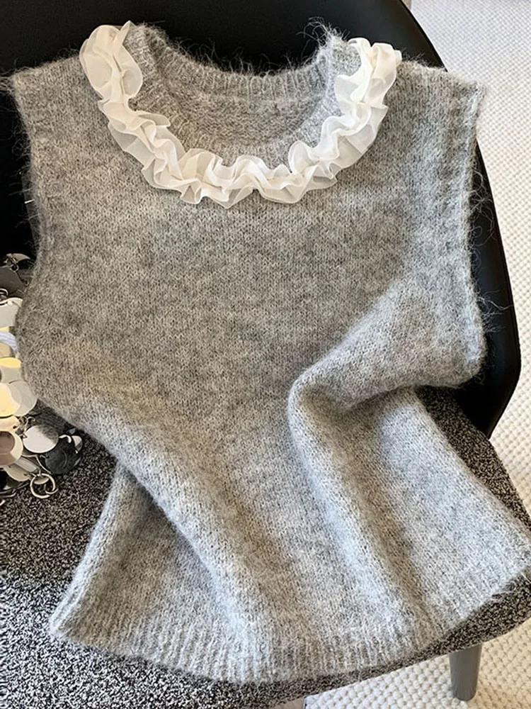 

Lace Splice Svel Knitted Sweater Women's Spring Faion 2026 New Sle Versatile Slimming Outerwear Tank Top