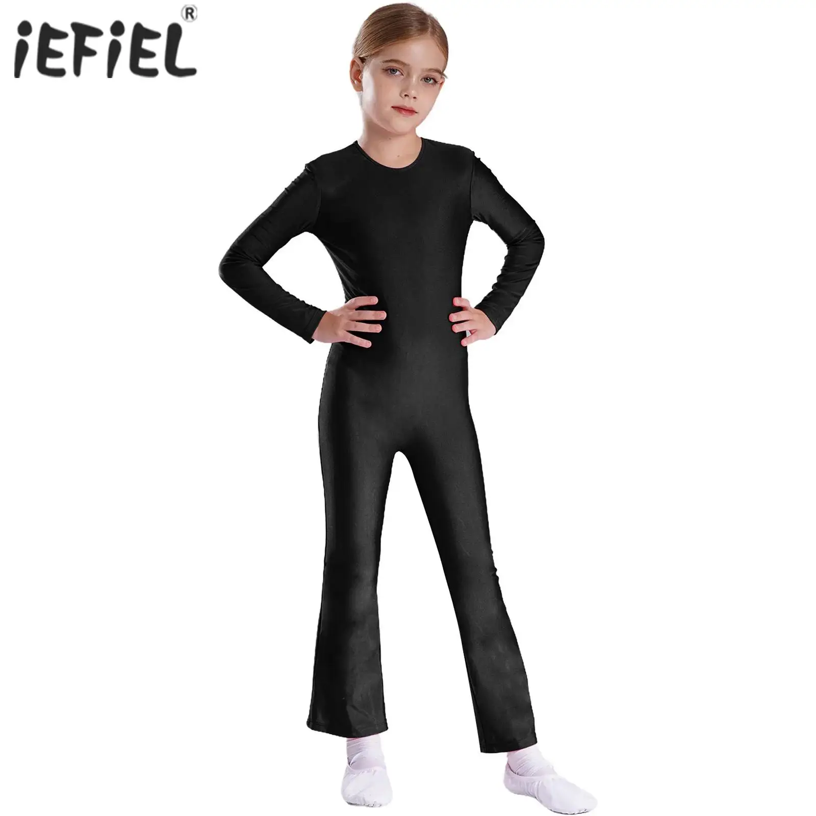 Kids Girls Ballet Gymnastics Yoga Jumpsuit Solid Color Round Neck Long Sleeve Bell-Bottom Full Body Leotard for Figure Skating