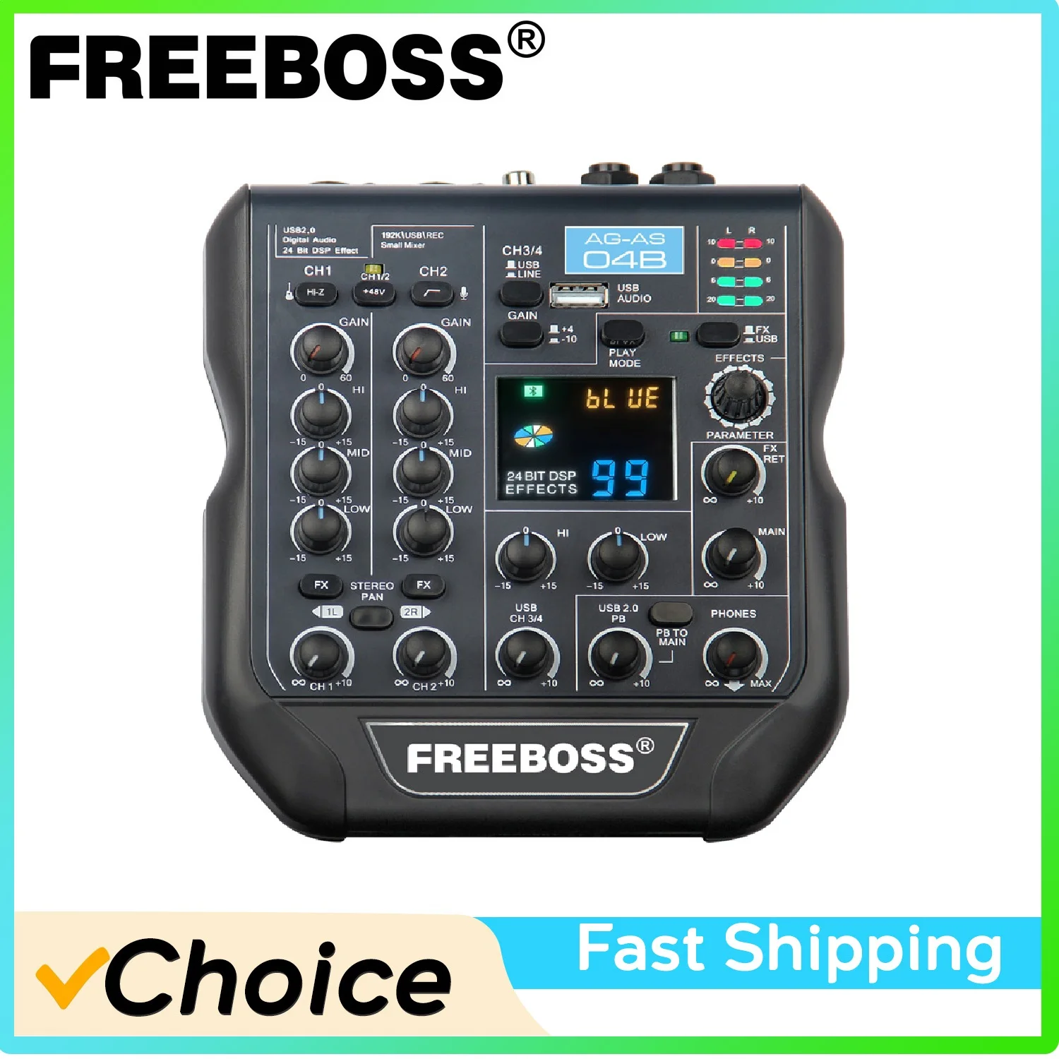 

Freeboss 4 Channel Audio Mixer 99 DSP Effects Bluetooth 48V Power Mini Mixing Console 24Bit 192KHz USB Studio Record AG-AS04B