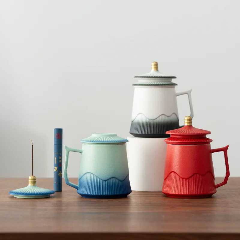 Office Tea Cup Ceramic Gradient Blue Red Palace Style Lid Mug Water Bottle