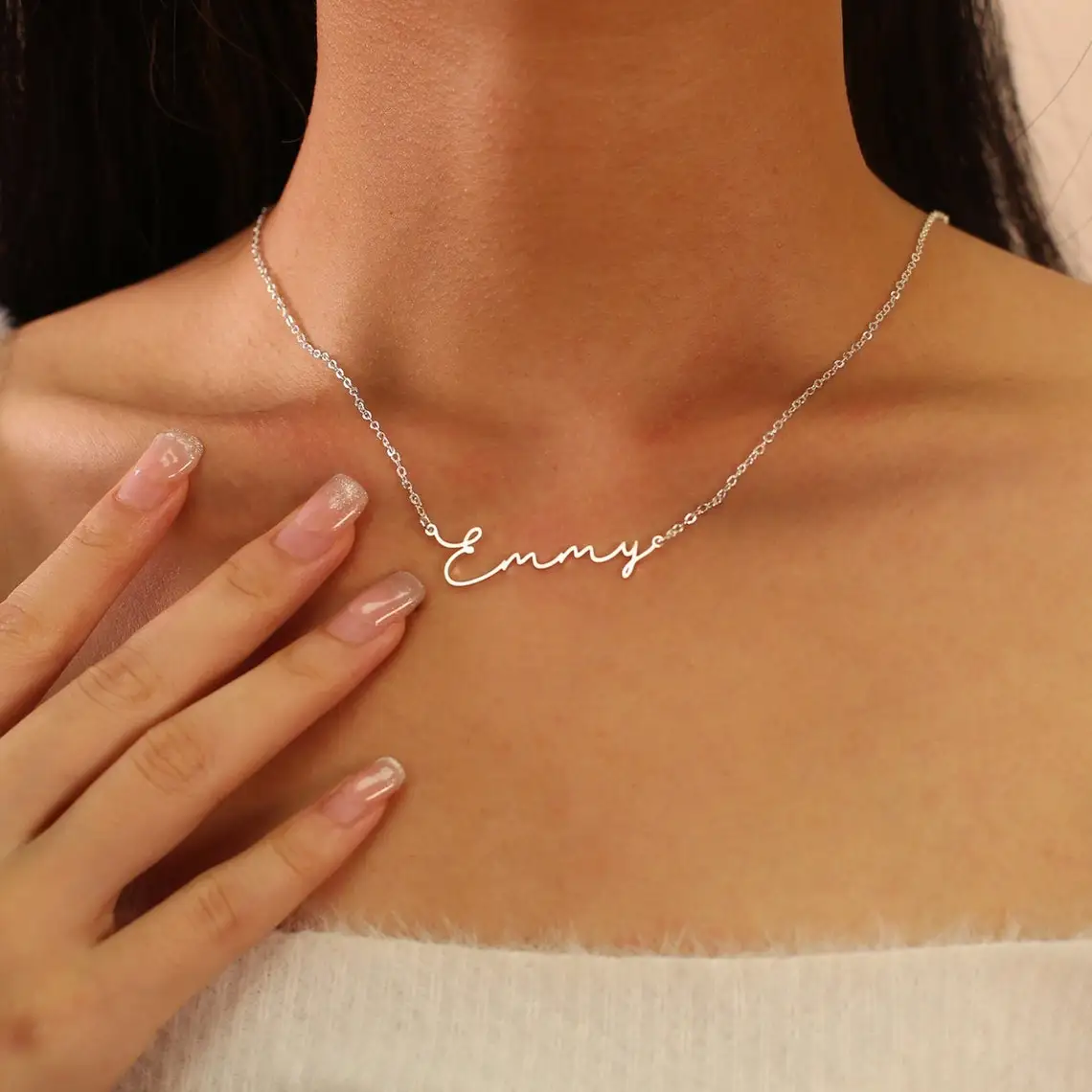 Collana con nome sottile personalizzato collana con ciondolo con targhetta Color argento in acciaio inossidabile con gioielli da donna, regalo personalizzato per lei