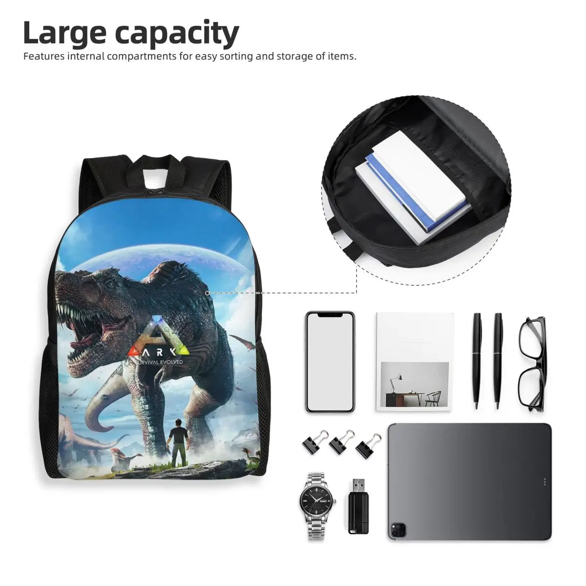 Idée de cadeau : sac à dos Ark Survival Evolved pour étudiants, garçons et filles, sac d'école, sac à bandoulière pour ordinateur