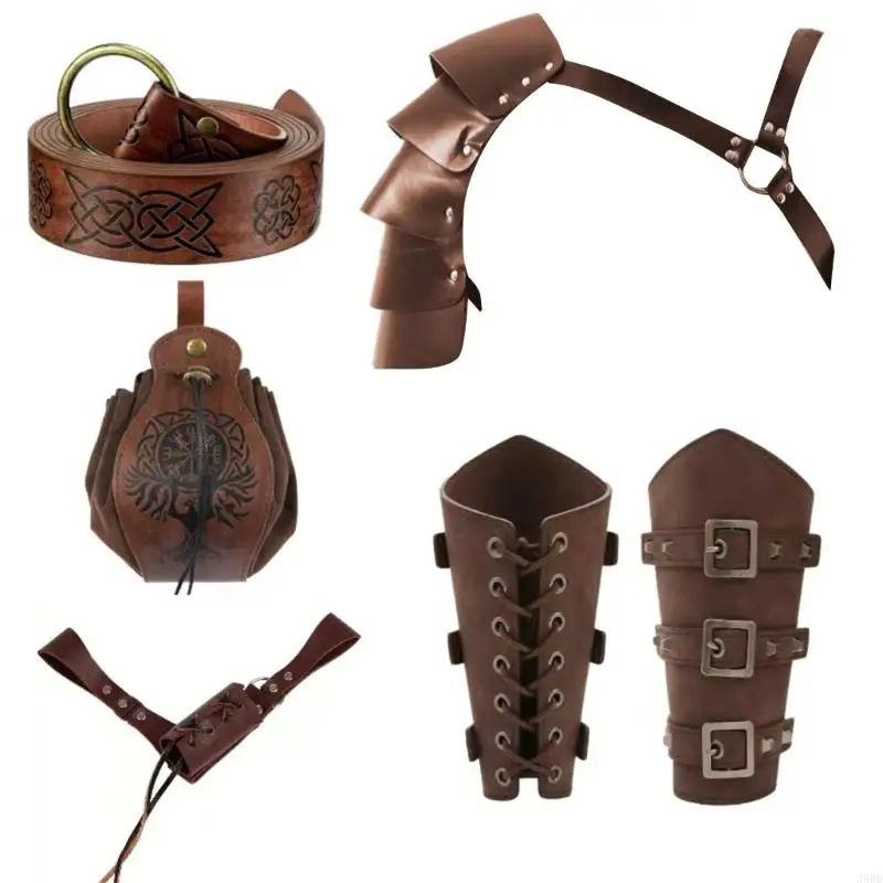 652F Medieval Costume Accessories Leather Belt Shoulder Guard Drawstring Waist Pack Bracers Swords Holder for Men Cosplay