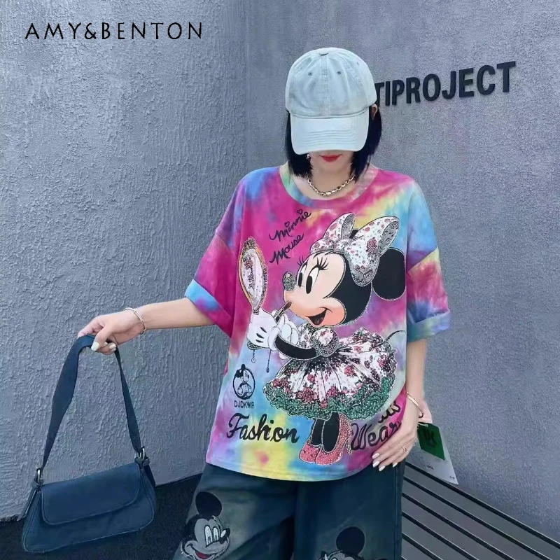 

European Style 2026 Summer New Tie-Dye Colorful Cartoon Short-Sleeved T-shirt For Women's Loose and Fashionable Design Top Tees