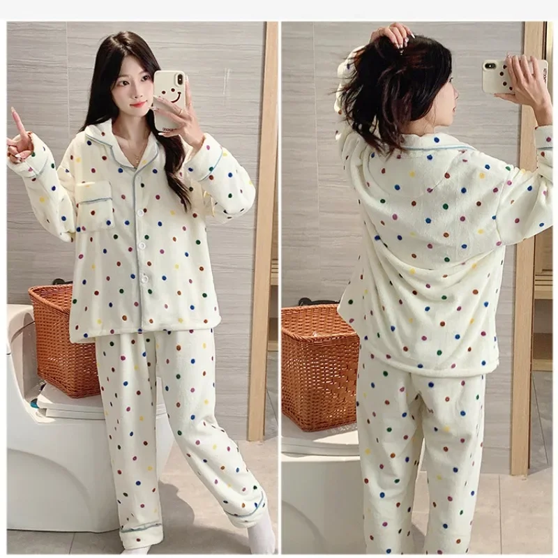 5XL Plus Size Winter Coral Fleece Thickened Pajamas Set Women\'s Cartoon Flannel Warm Home Clothes Soft Long Sleeve Two-Piece Pjs