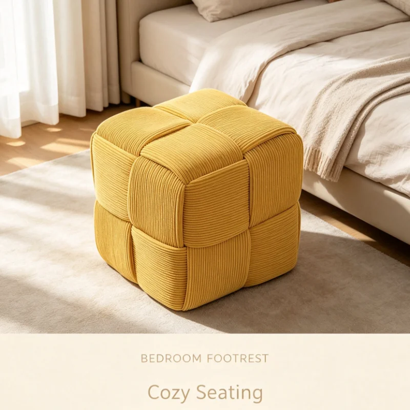 Cube Ottoman With Corduroy Texture Lemon Yellow Fabric For Living Room Bedroom Entryway Extra Seating And Footrest Solution
