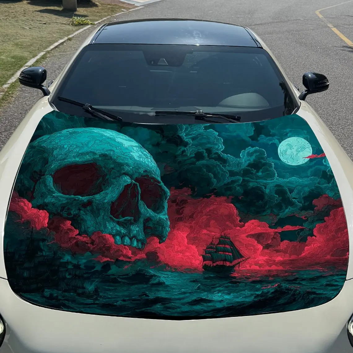 غلاف فينيل للسيارة على شكل جمجمة القمر الأحمر من Nether Sea، ملصق غطاء السيارة المقاوم للماء من مادة PVC، ملصقات ذاتية اللصق مقاومة للخدش لـ