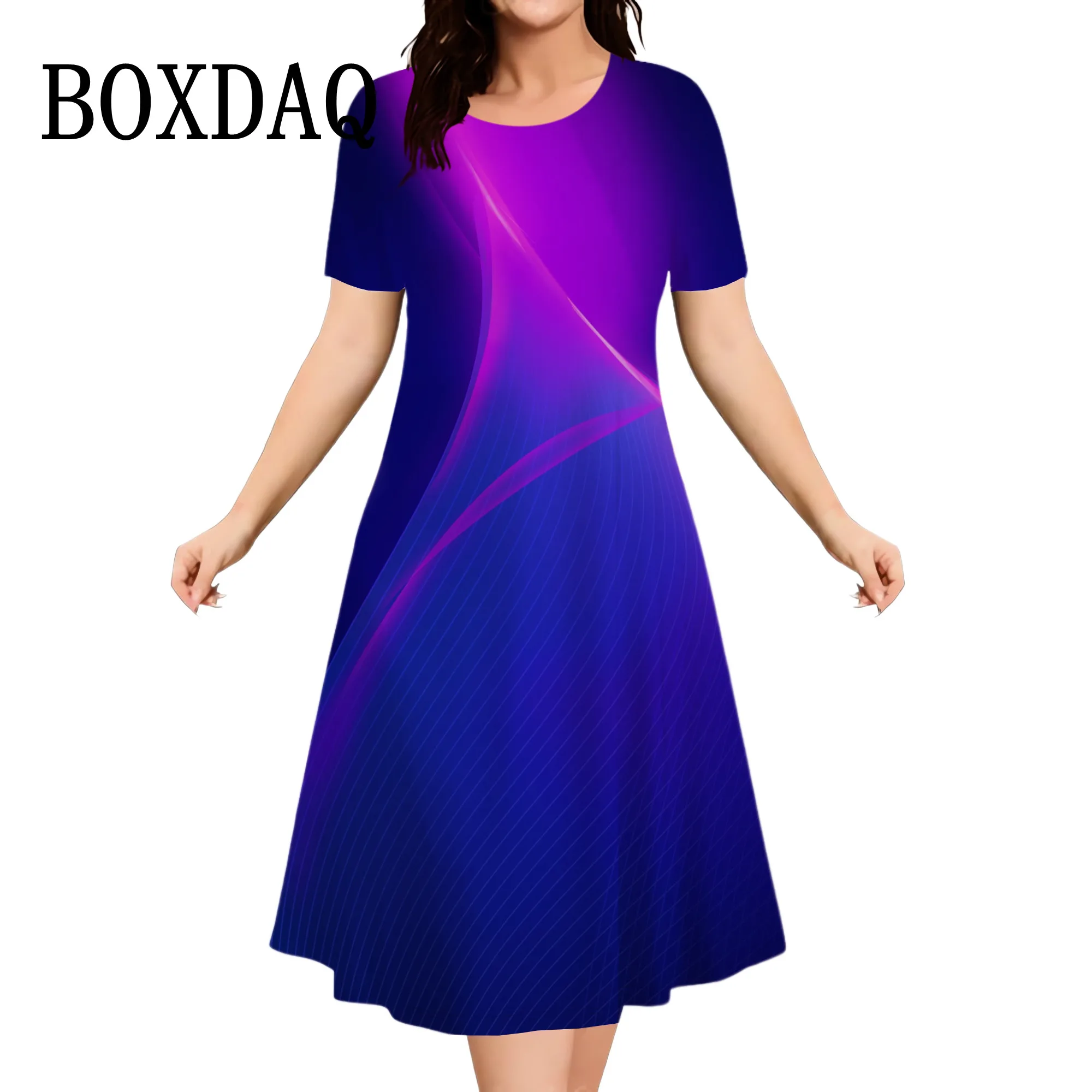 2025 Women Plus Size Fashion Gradient Striped Print Dress Summer Loose Elegant Ladies Clothing Casual Short Sleeve Party Dresses