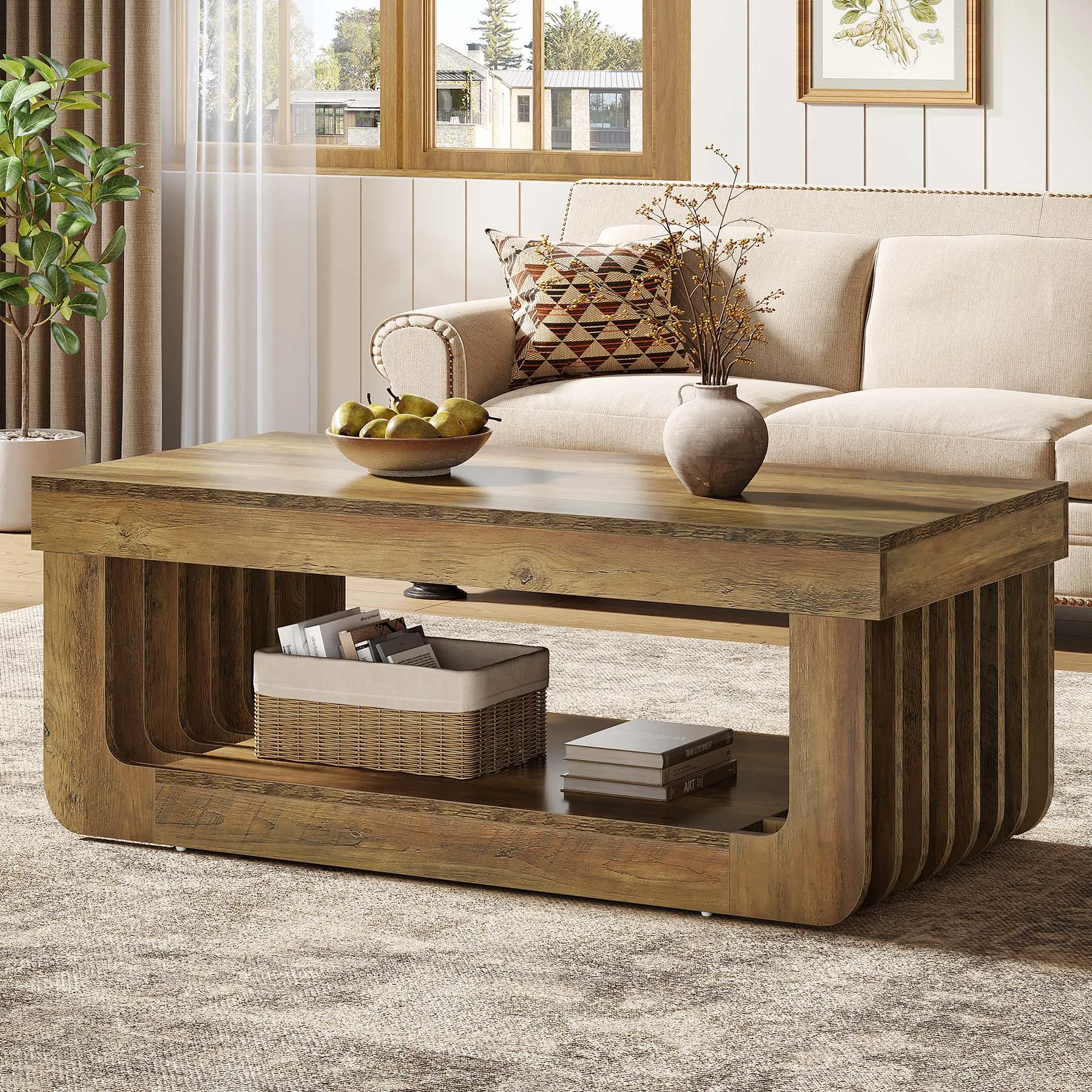 

#ji 47 Inch Rectangular Coffee Table 2 Tier Storage Shelf Farmhouse Wooden Center Table For Living Room Cocktail Table Furniture