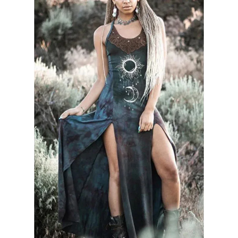 Abito Boho vintage da donna HIippie gotico medievale luna stampa sole scollo all'americana diviso maxi abito estivo costume da strega di loto ZZs;2,