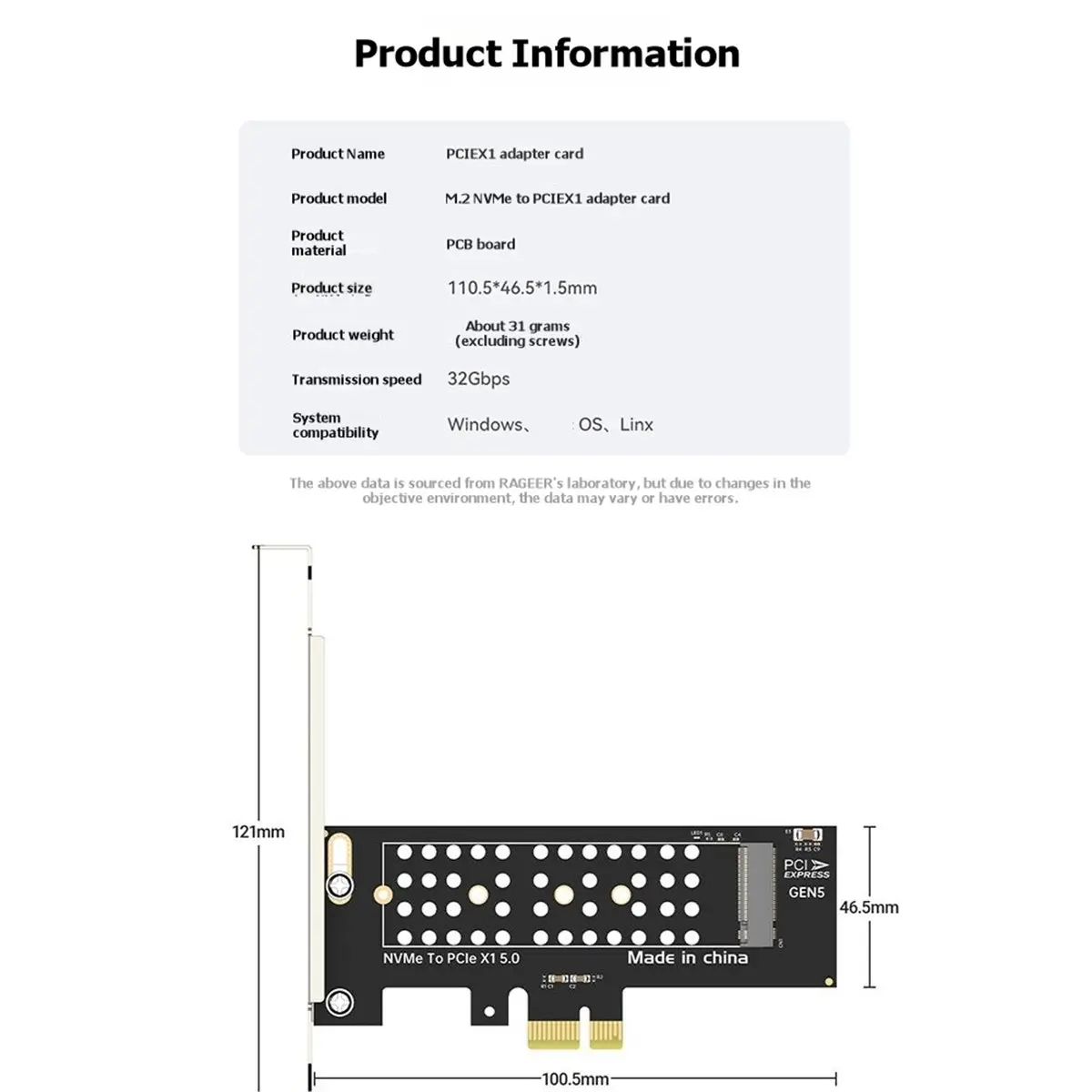 A003 PCIe 5.0 X1 to M.2 NVMe Adapter - 32Gbps Speed for 2280/60/42/30 SSDs Compatible PCIe X1/X4/X8/X16 LED Light