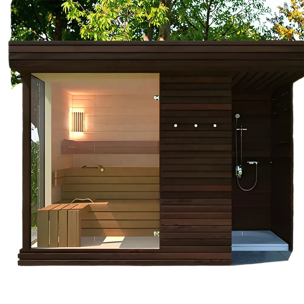 Spacious Cedar Outdoor Sauna For 6 People, With A Combined Wet Steam A Shower