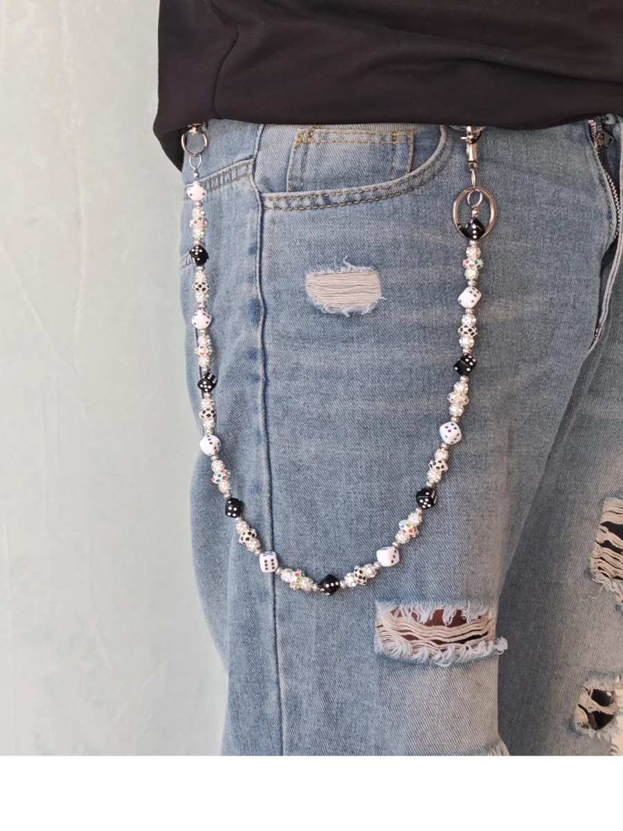 Y2K Punk Dice Beaded Pants Chain, Black White Dice Rhinestone Jean Waist Chain, Tassel Unisex Wallet Chain Bag Charm