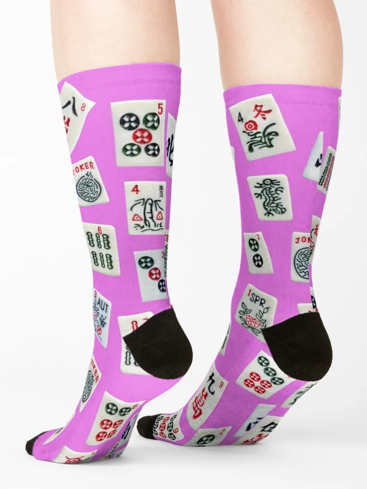 Mahjongg game tiles design on pink color Socks Sports Running Hiking boots hip hop Socks Female Men's