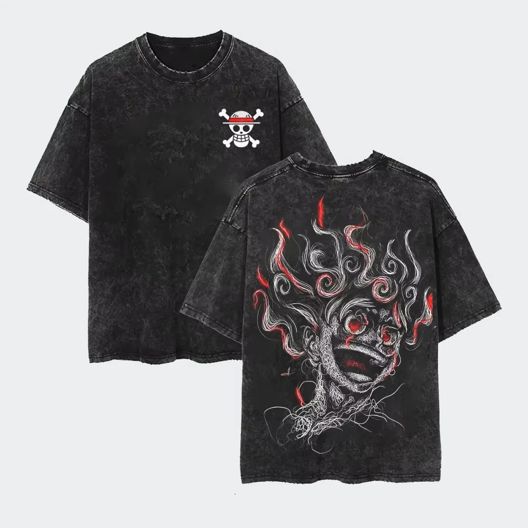 2026 New Anime ONE PIECE Anime Nika Luffy Washed T Shirt Summer Vintage Men's and Women's Cotton Casual Tee Top Streetwear