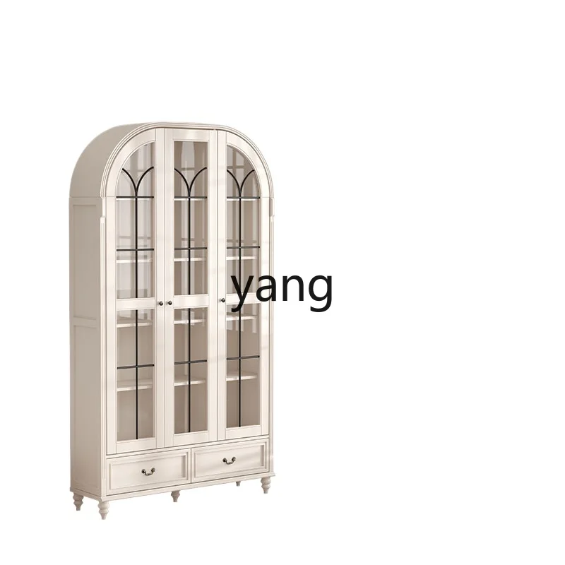 Yjq Solid Wood Vintage Wine Cabinet Customized Arched Door Glass Dust-Proof Bookcase Study Display