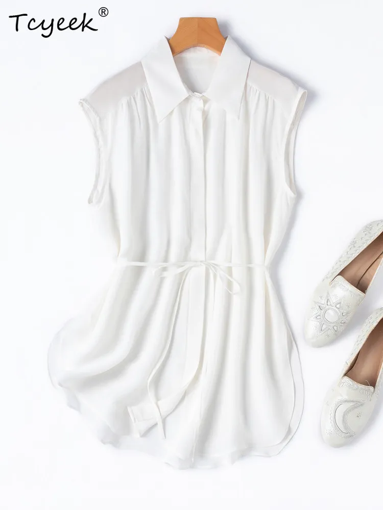 

Tcyeek 100% Real Mulberry Silk Shirt Women Summer Clothes 2026 Elegant Women's Top Sleeveless White Shirts Camisa Feminina