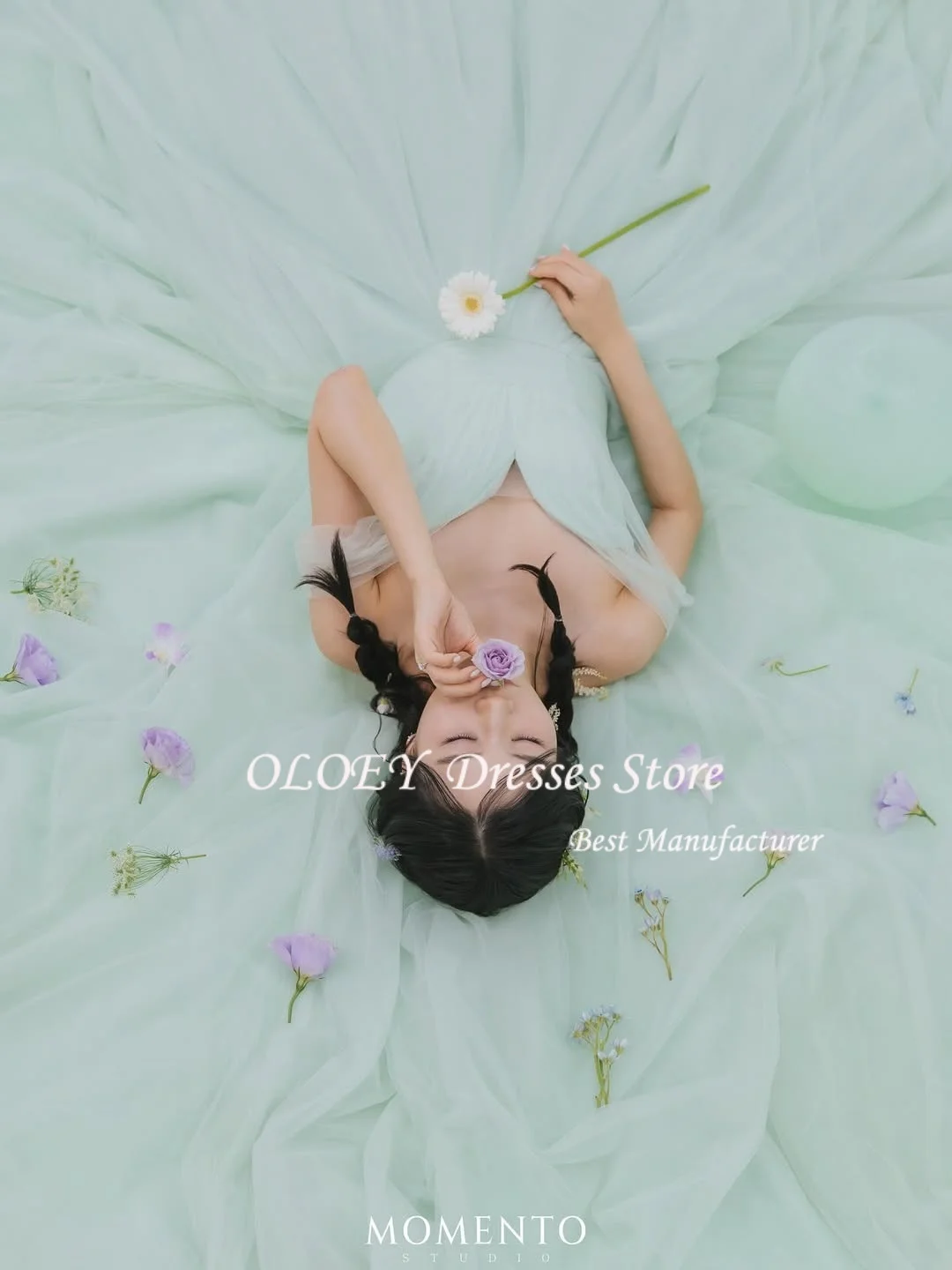 OLOEY Fairy Tulle Evening Dresses Korean Lady Wedding Photos shoot Party Dress One Shoulder Long Prom Gowns Custom Made