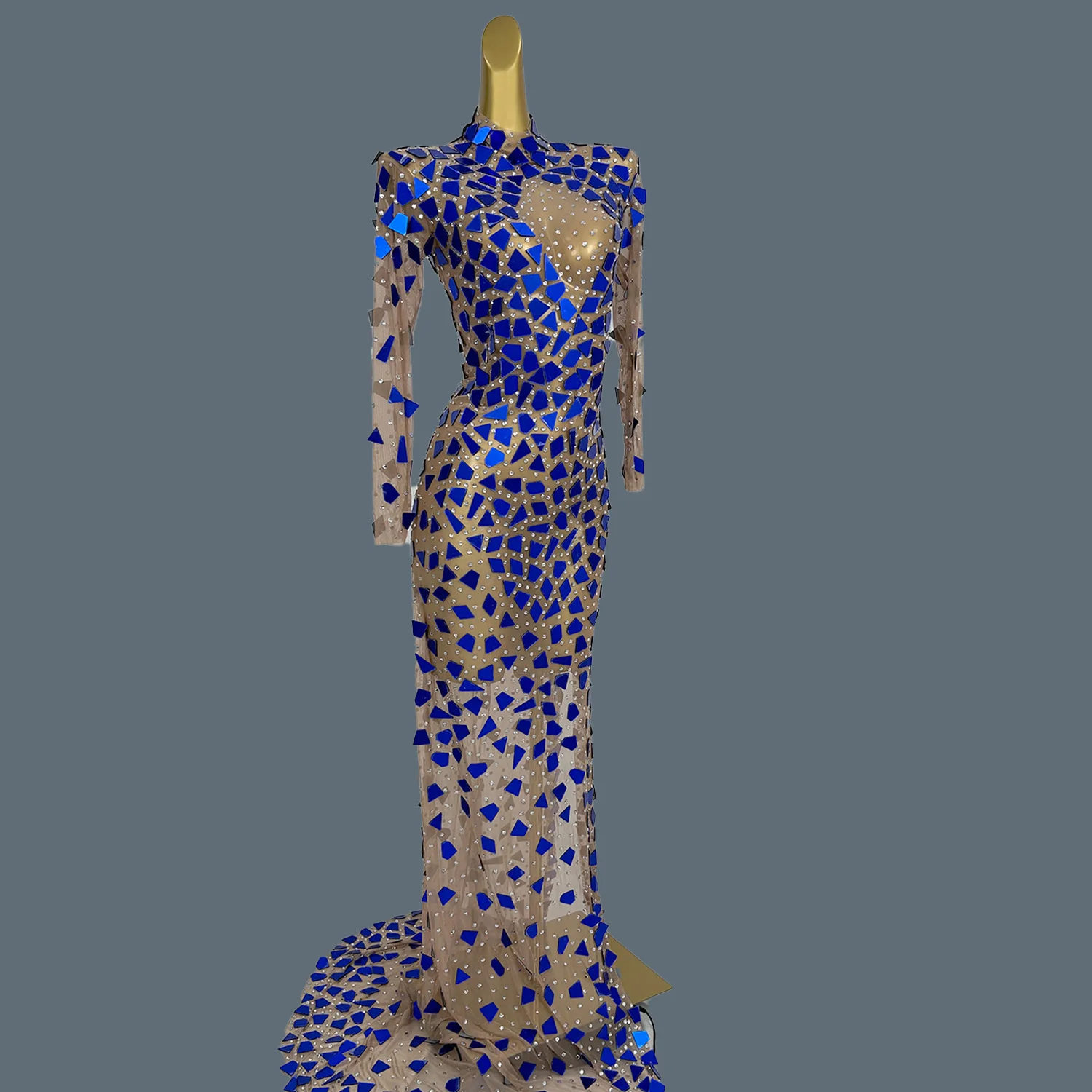 

Sparkly Mirrors Rhinestones Bars Birthday Party Show for Women Evening Maxi Dress Sexy Mesh See Through Photo Shoot Wear Lanjing