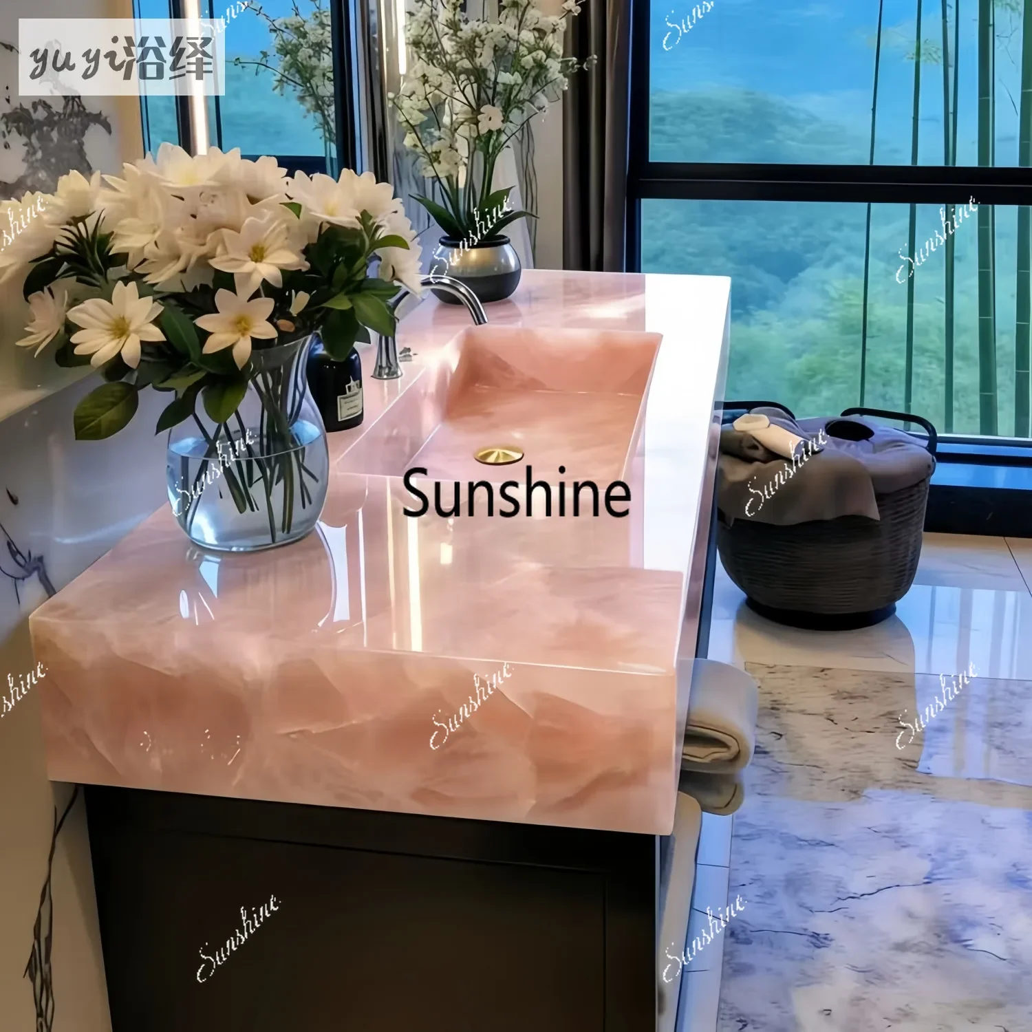 YLight luxury, pink jade luxury stone bathroom hanging wash basin bathroom cabinet hotel homestay
