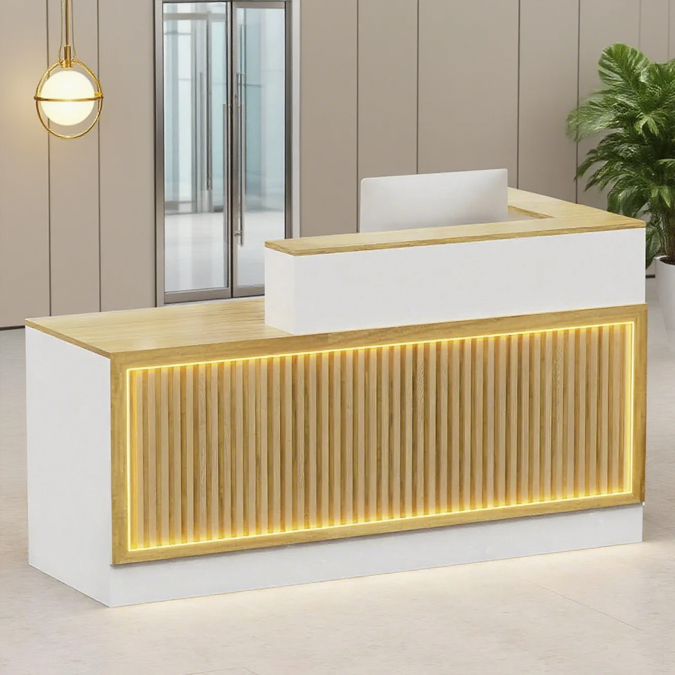 Modern Reception Desk, Solid Wood Reception Desk with Counter, Check Out Stand with Lockable Drawer & Cabinet