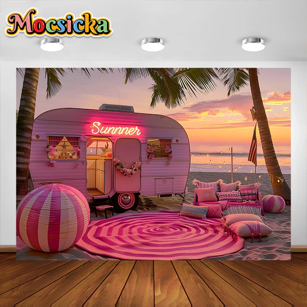 Verão ao ar livre fotografia fundo, rosa princesa carro, Dream House Backdrop, retrato de praia tropical, Kids Photo Studio