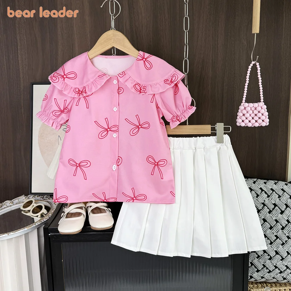 

Bear Leader Summer New Pink Sweet Casual Kids Clothes Girls Korean Bow Printed Collar Shirt Top and White Shorts Children's Set