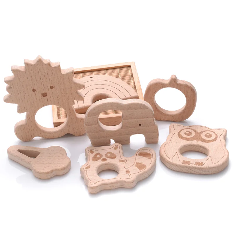 1Pcs Wooden Rodent Teethers Baby Cartoon Animals Rainbow Ice Cream Beech Teether Pendant For Baby Pacifier Chain Nurse Gifts Toy