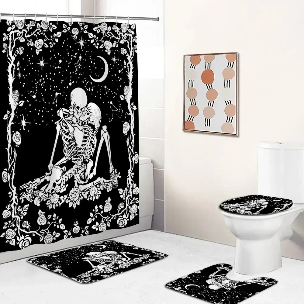 Halloween Skeleton Couple Shower Curtain Set Vintage Happy Halloween Haunted House Pumpkin Scary Bathroom Mat Toilet Lid Cover