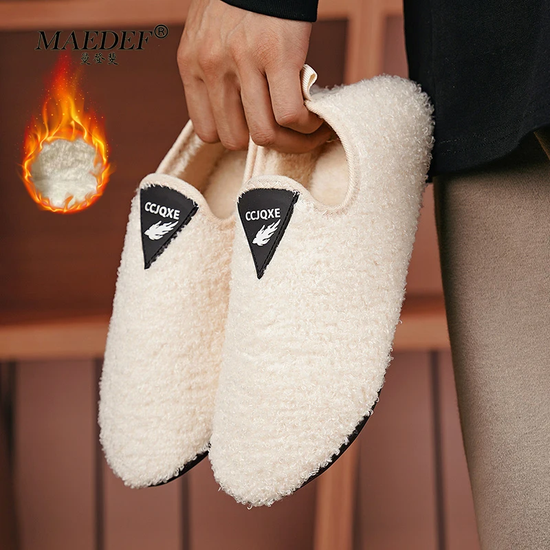 MAEDEF Winter Plush Slippers for Men Antiskid Warm Women's Slipper Indoor Black Fluffy Flat Home Bedroom Casual Shoe Furry Shoes