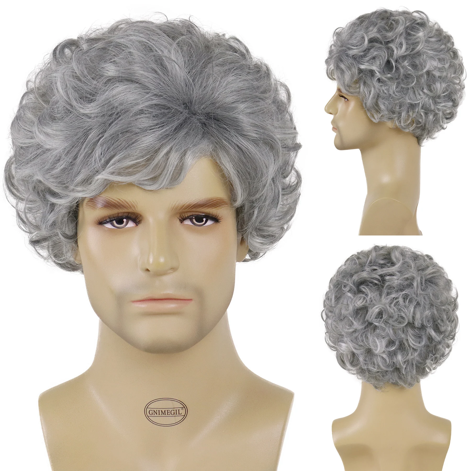 

Synthetic Hair Short Dark Grey Wigs for Men Male Fluffy Curly Old Man Wig with Bangs Grandfather Gifts Daddy Wig Daily Cosplay