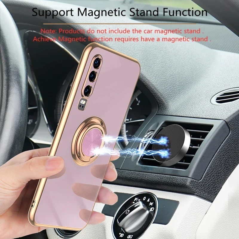 Luxury Plating Silicone Case For Huawei P40 P30 P20 Mate Honor 40 30 20 V30 Nova 8 7 6 Pro Plus Lite SE Ring Holder Stand Cover