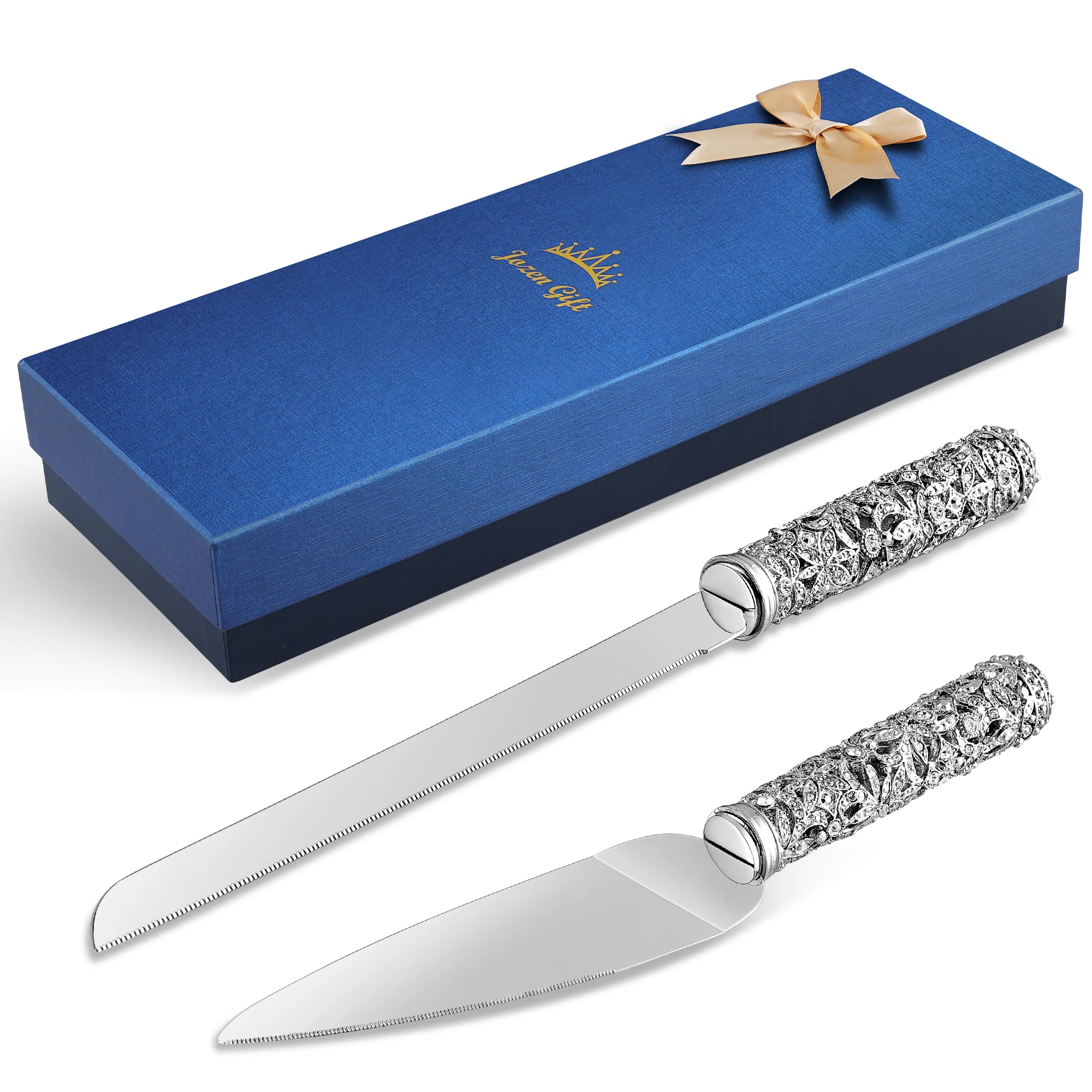 

Wedding Cake Knife and Server Set - 2 Piece Dessert Set Metal Handle with Crystal Stones Decoration for Wedding, Anniversary P