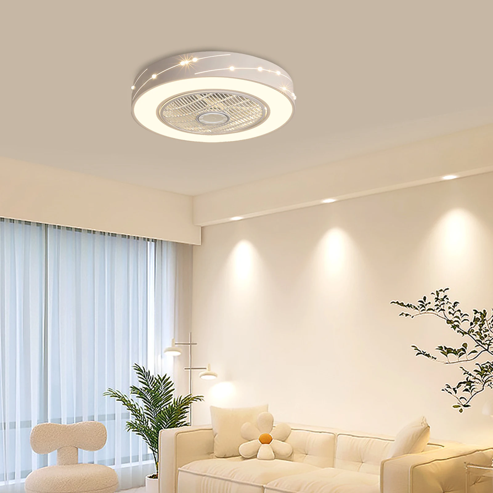 

21.65Inch Round LED Ceiling Fan Light Acrylic Dimmable Invisible Ceiling Fan Light with Remote Living Room Indoors Lighting Lamp