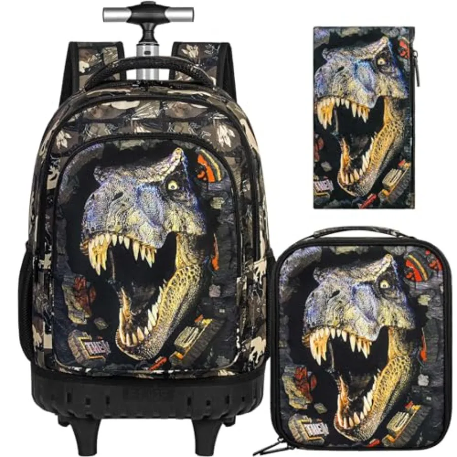 

3PCS Rolling Backpack for Boys, Dinosaur Wheeled Bookbag with Lunch Box, Water Resistant Roller School Backpacks Set with Wheel