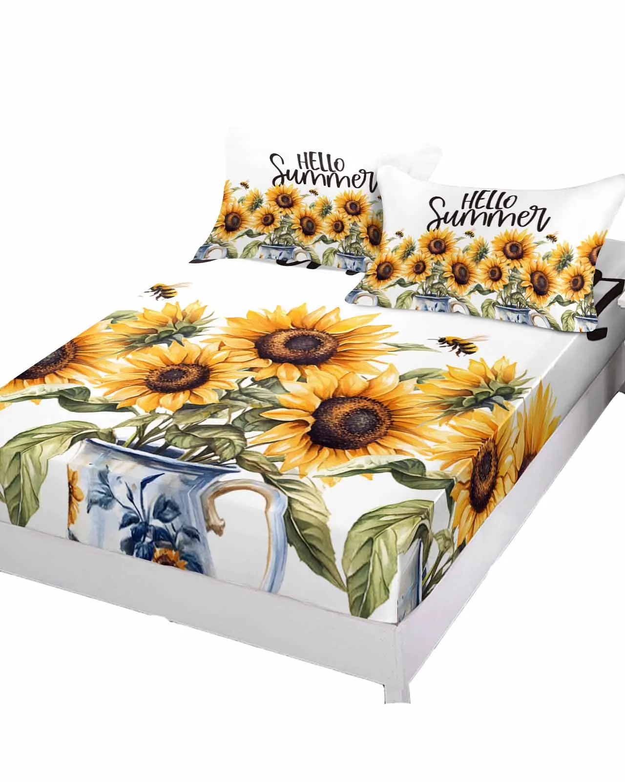 

Summer Sunflower Style Bed Mattress Fitted sheet Elastic Rubber Band Non-slip Bed Sheet Pillowcase Set