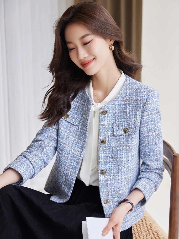 Blue Small Fragrance Style Jacket Women Spring Autumn 2026 New Popular High End Luxury Short Top for Petite Ladies