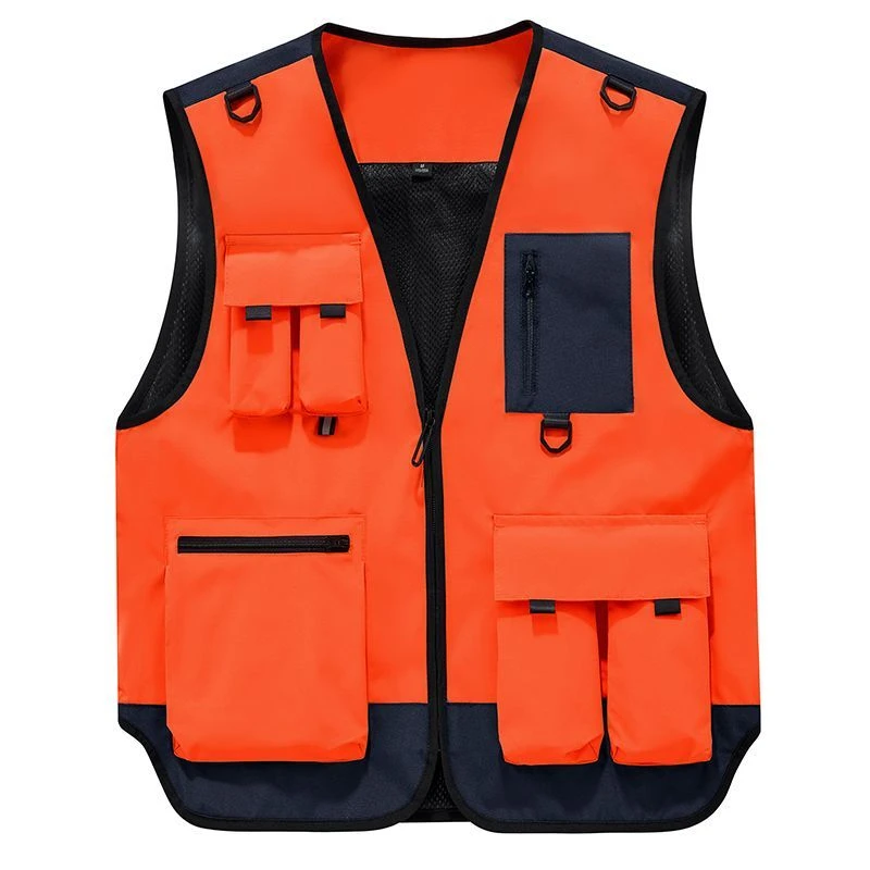 Men Multi Pocket Photographer Vest Breathable Mesh Sleeveless Jacket Outdoor Fishing Hiking Utility Waistcoat Orange Contrast Co