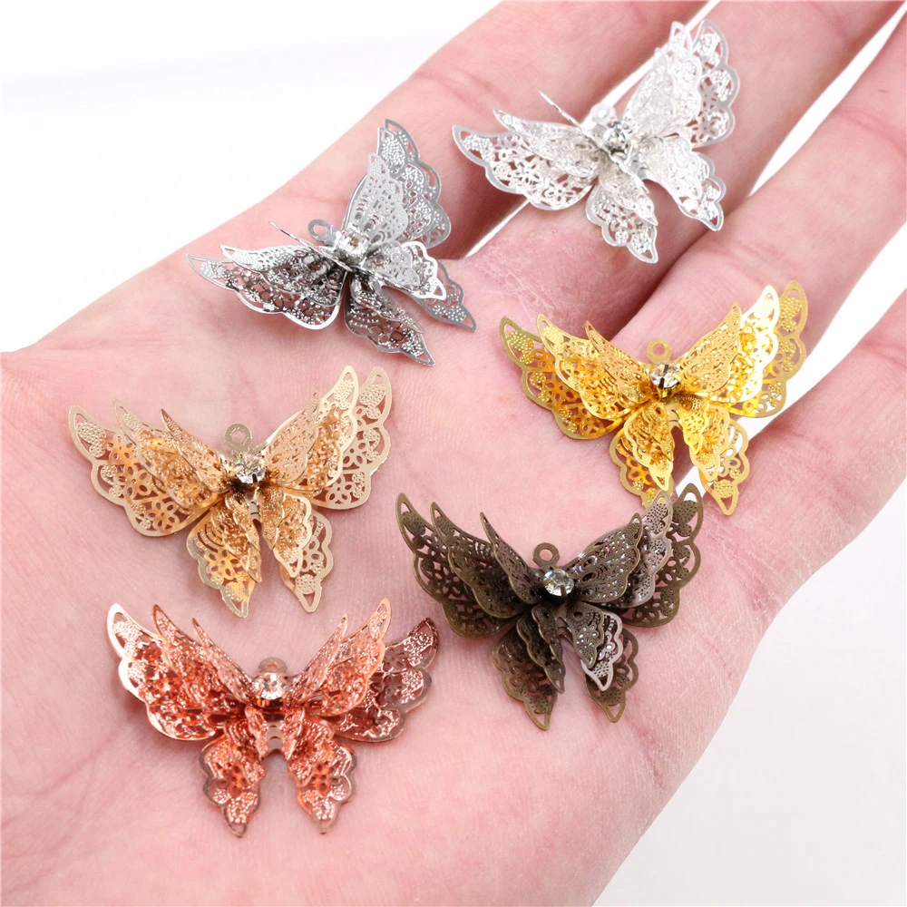 10 pçs 35x25mm metal cobre strass borboleta filigrana envolve charme diy jóias acessórios descobertas suprimentos para jóias