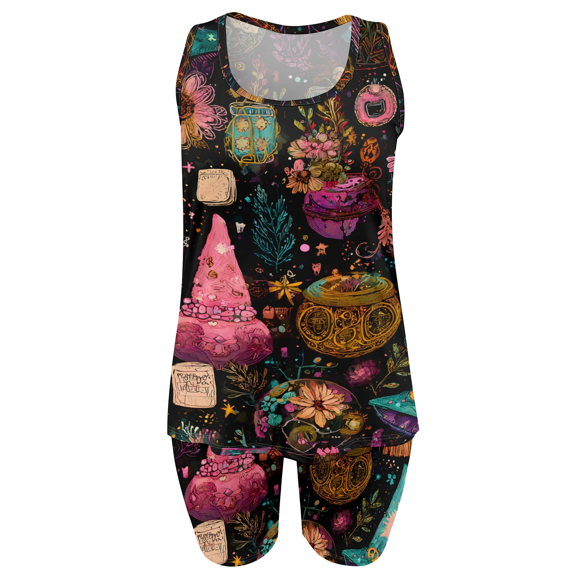 Witchy Print Romper, Magic Potion Jumpsuit, Wizard Hat Outfit, Mystical Set for Women, Halloween Party Wear, S-2XL
