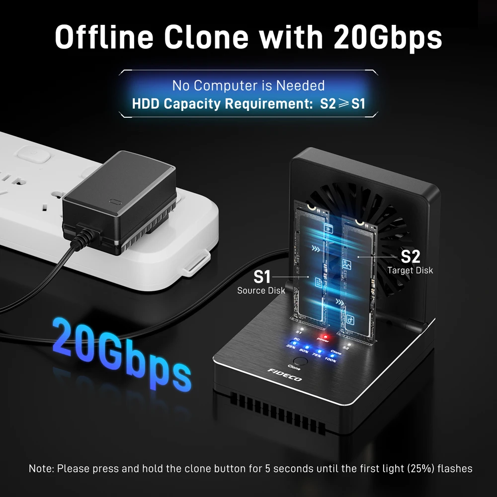 FIDECO M.2 NVMe SATA SSD Cloner Dock Dual-Bay 20Gbps SSD Enclosure with Foldable Cooling Fan Supports Offline Clone for M.2 Case view 2