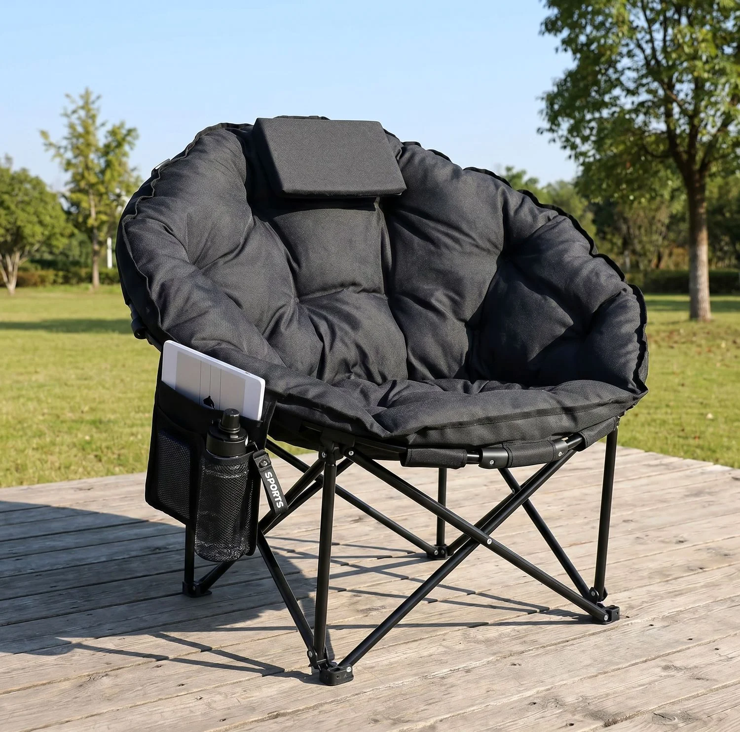 Silla de Camping Redonda Plegable, Silla Luna Portátil con Bolsa de Almacenamiento, Reposacabezas, Acolchado Grueso, Soporta hasta 150 kg, para Jardín, Pesca, Playa