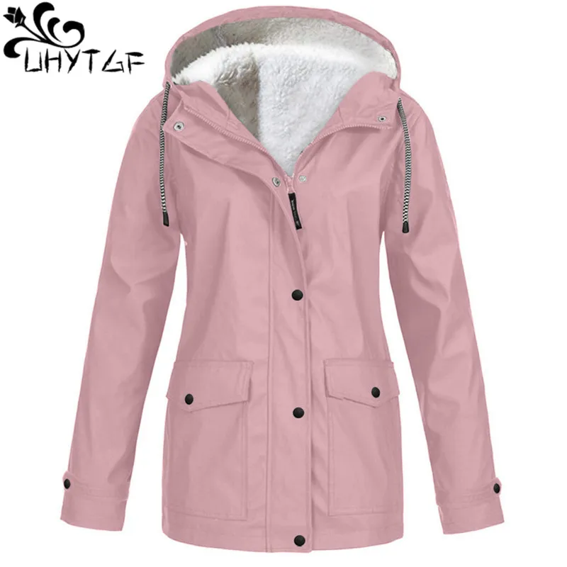 

UHYTGF Zip Hoodie Jacket Womens Plush Outdoor Hiking Wear Outerwear Ladies Breathable Autumn Winter Windbreaker Coat Female 2656