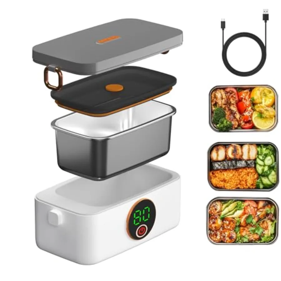 

Portable cordless electric heated lunch box for travel, outdoor, picnic, office use; stainless steel inner container; black; 10