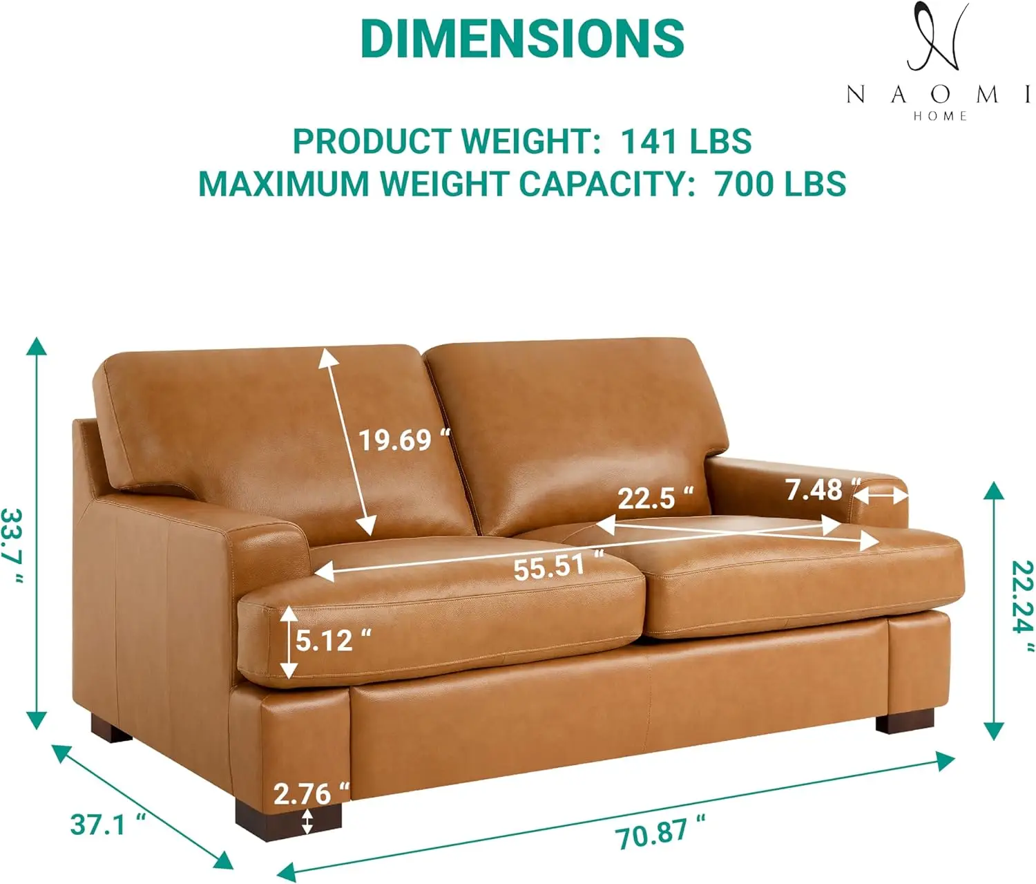 Siggy Genuine Leather Loveseat - Luxurious Comfort Goose Feather Cushion Filling Square Arm Design Sturdy Block Legs