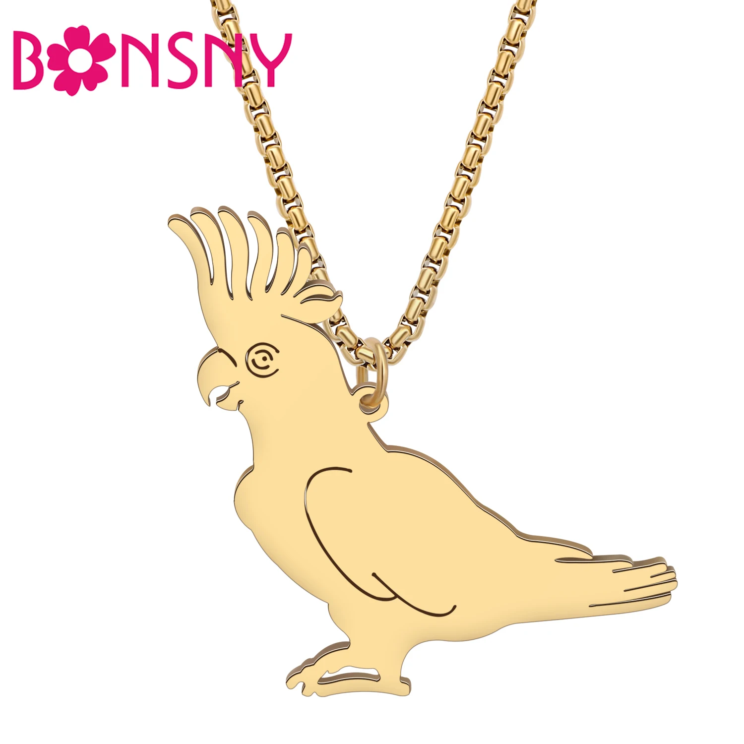 BONSNY Cockatoo Parrot Bird Necklace Stainless Steel Pendant Chain Plated Silver Gold Chain Jewelry For Women Girls Gifts