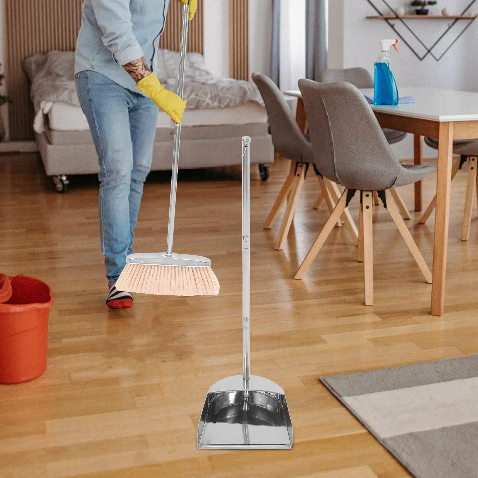 Stainless Steel Garbage Shovel Long Handle Dustpan Ergonomic No Stoop Design Seamless Floor Contact for Home Kitchen Pet Food