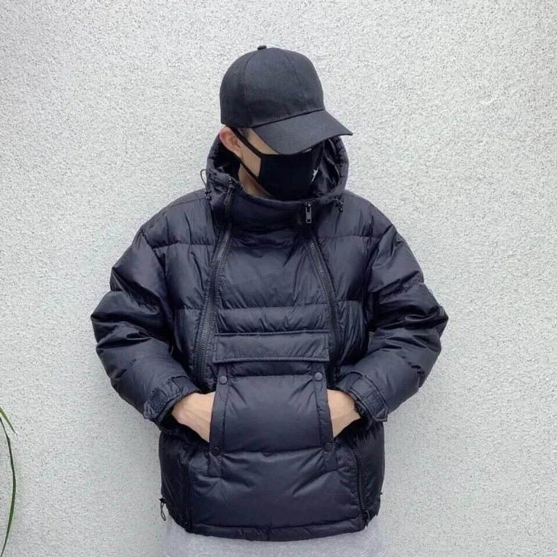 Winter Men\'s Tactics Jacket Hooded Parka Down Cotton Coat Black Double Zipper Pullover Glossy Padded Jackets Casual Warm Outwear